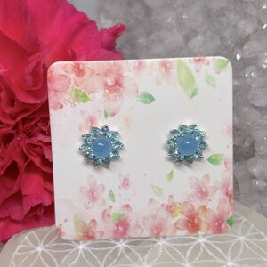 Vintage Blue Chalcedony Floral Stud Earrings 925